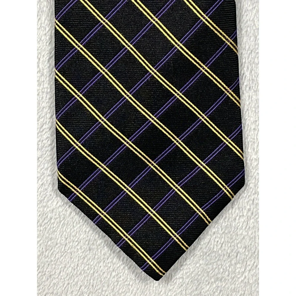 Lauren Ralph Lauren Mens Silk Tie Black Gold Purple Plaid Hand Finished USA Made